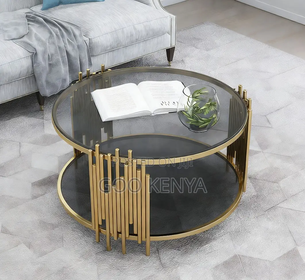 Home Table; Round Glass Table With Gold Frame For Coffee And Lounge