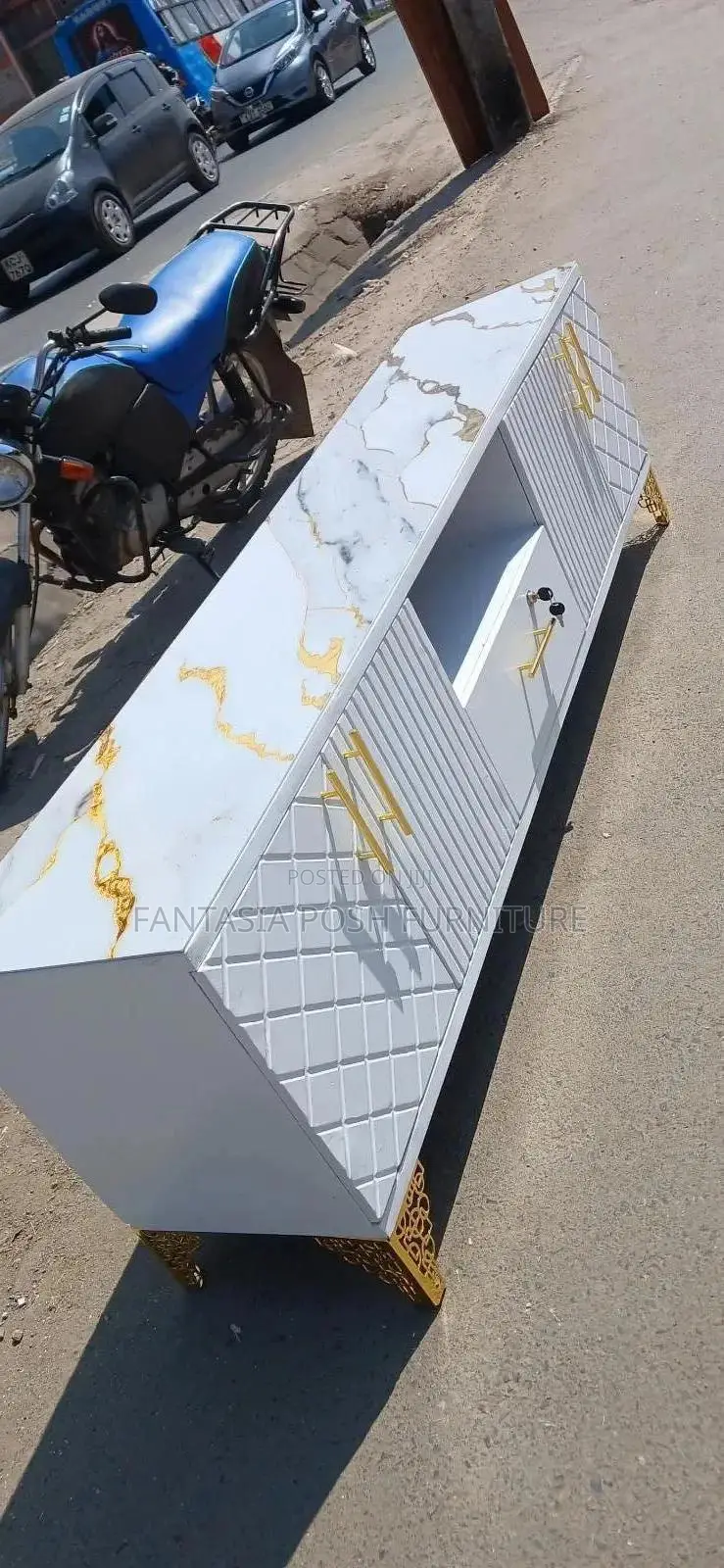 White Marble Tv Stand With Gold Accents