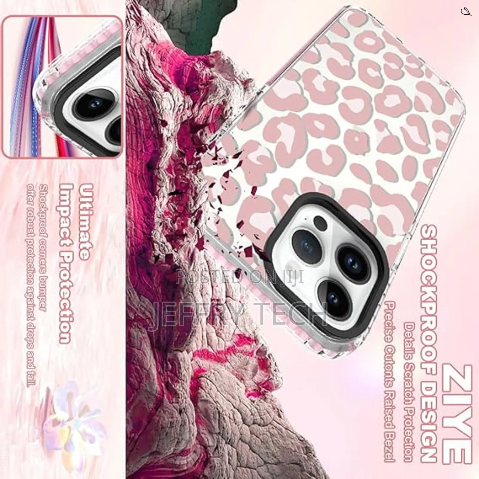 Ziye Clear Case for iPhone 16 Pro Pink Leopard Design Soft Tpu