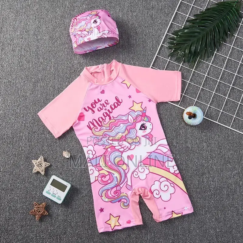 Kids Cartoon Themed Swimming Costume With Cap Boys Girls Swimsuit Set