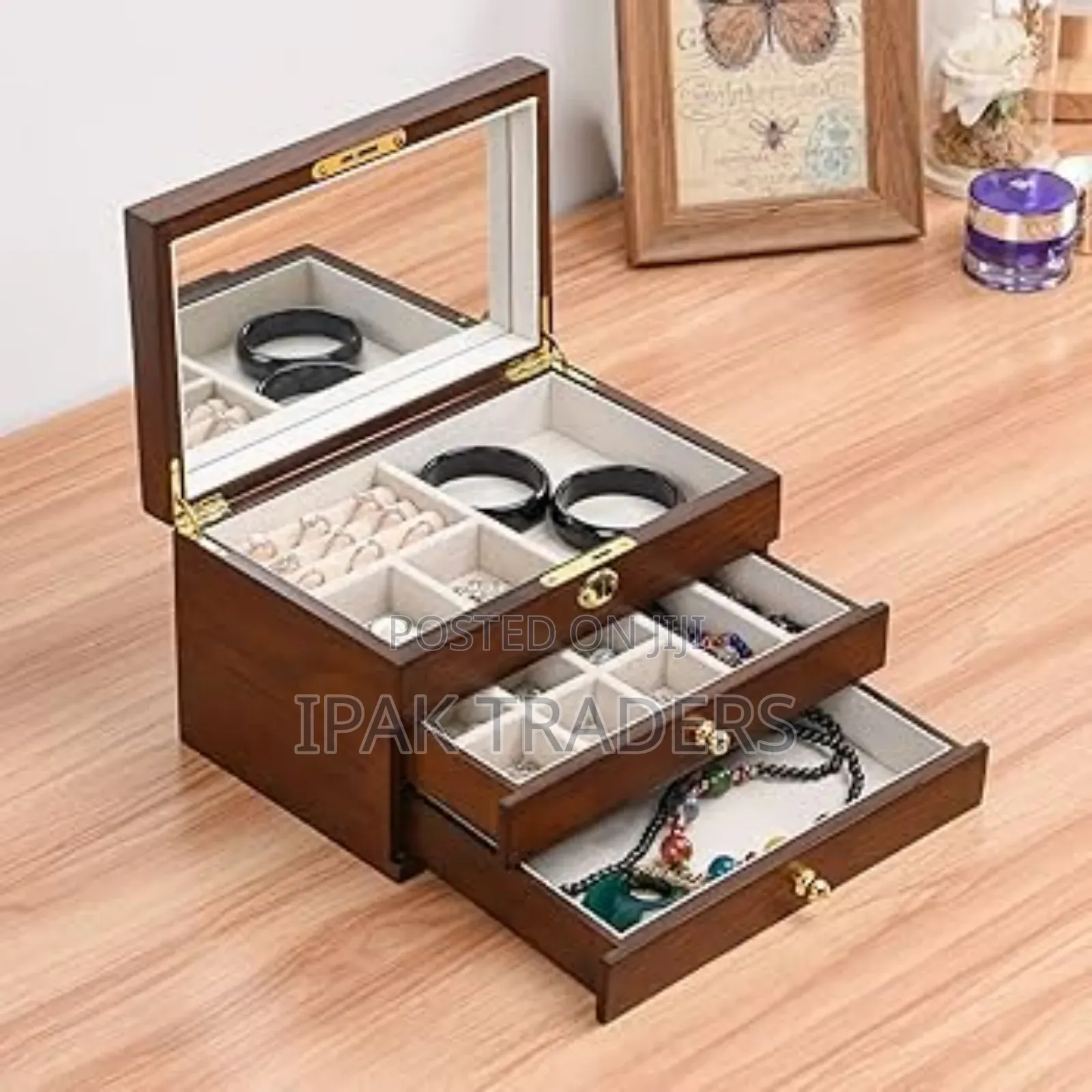 Multifunctional Wood Grain 3 Layer Jewelry Box