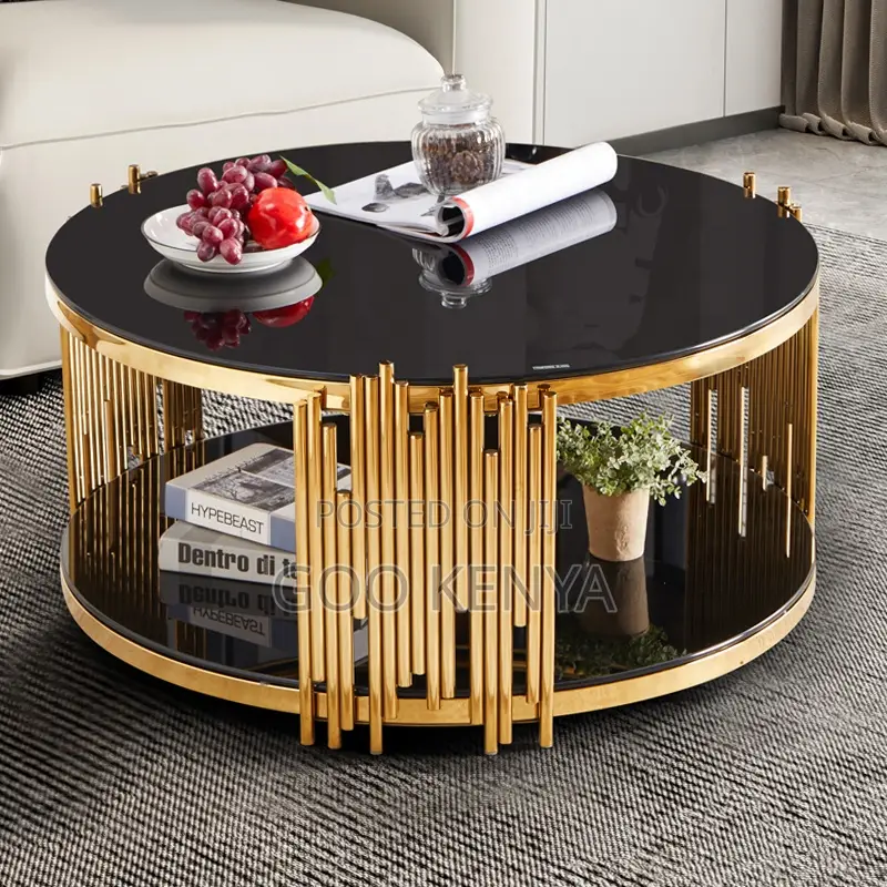 Home Table; Elegant Glass Top Coffee Table With Metallic Frame