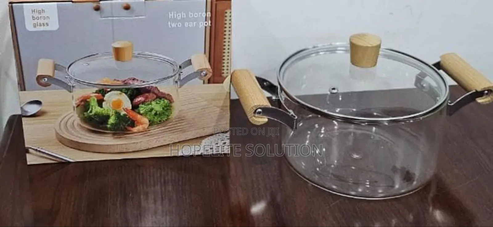 2 Wooden Handle High Boron Heavy Borosilicate Glass Cookware