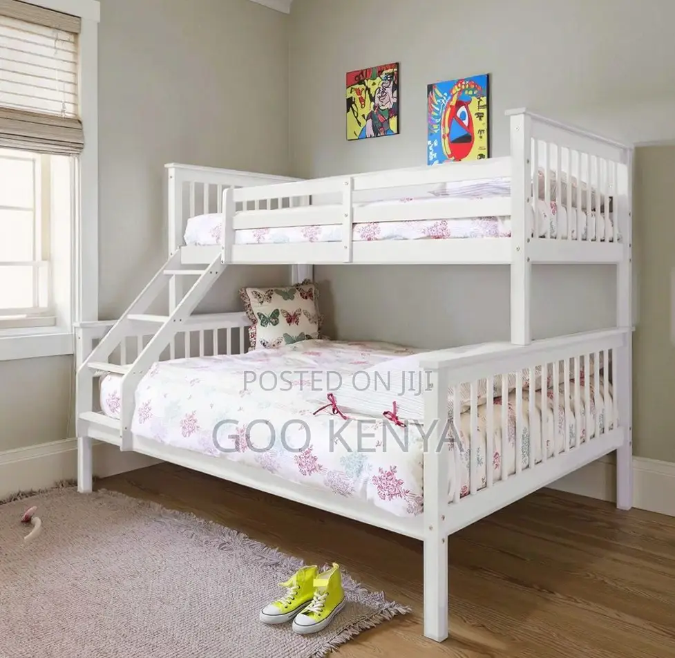 Home Bed; White Wooden Twin Bunk Bed With Double Sleeping Spaces