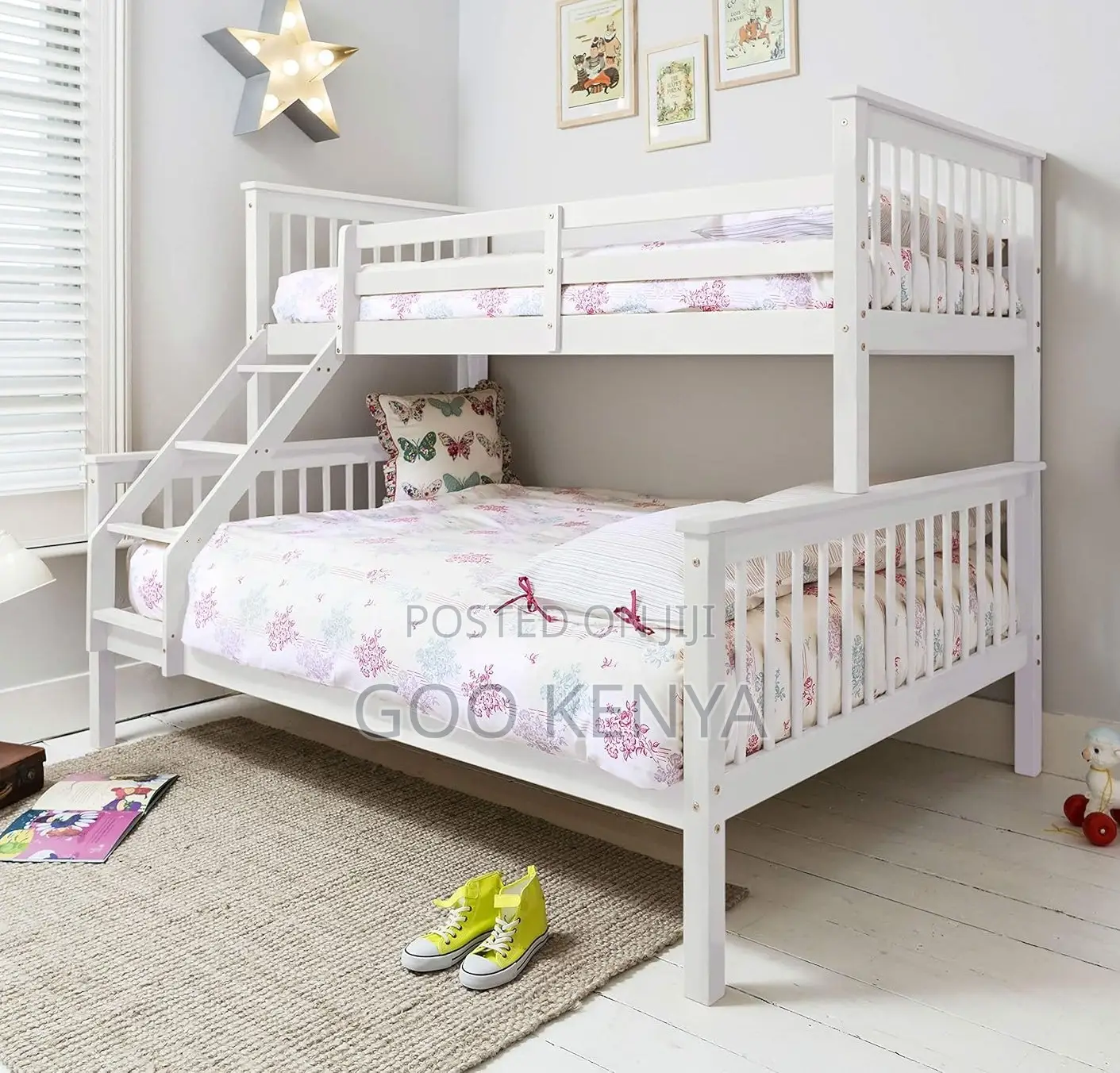 Home Bed; White Wooden Twin Bunk Bed With Double Sleeping Spaces