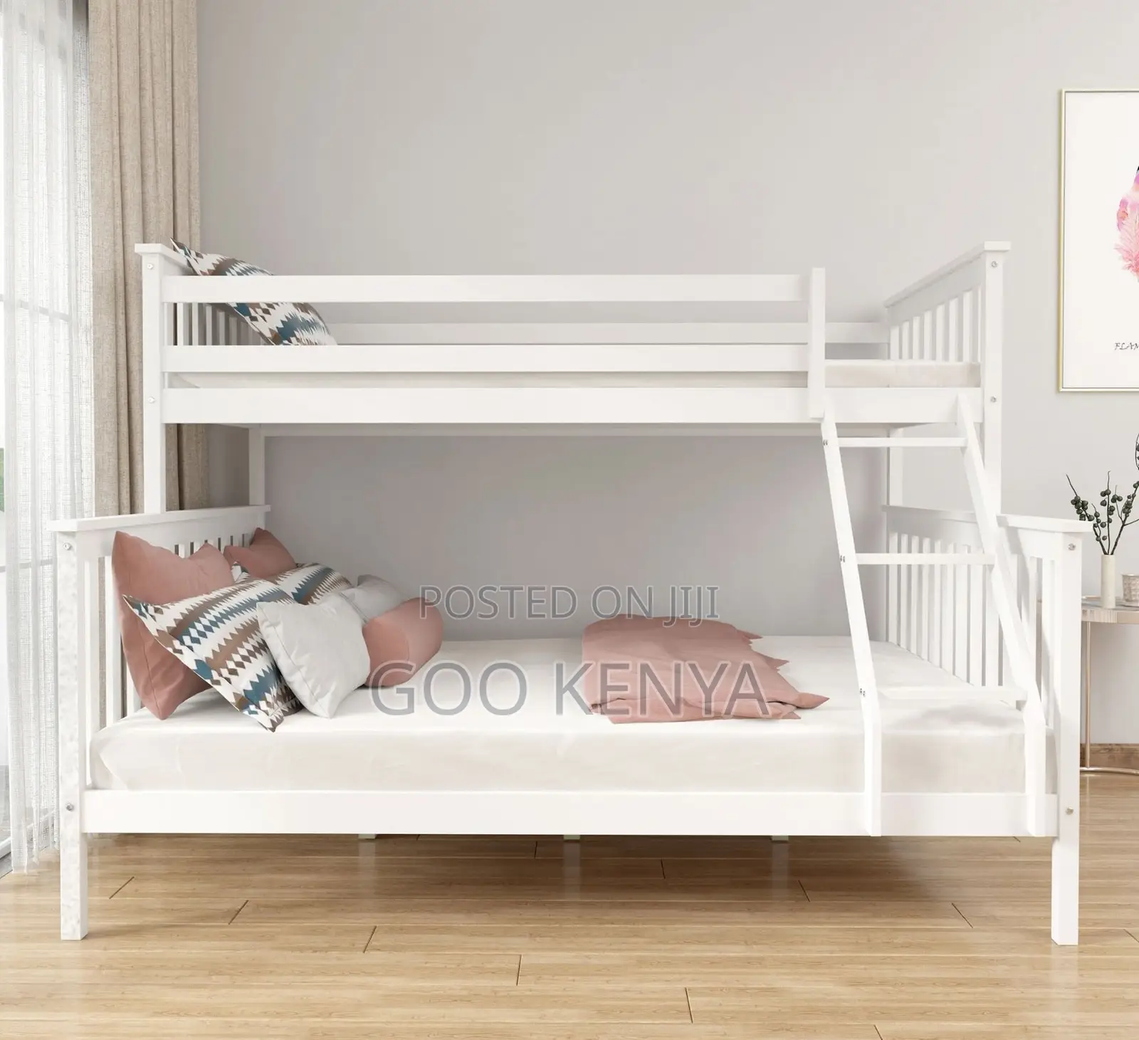 Home Bed; White Wooden Twin Bunk Bed With Double Sleeping Spaces