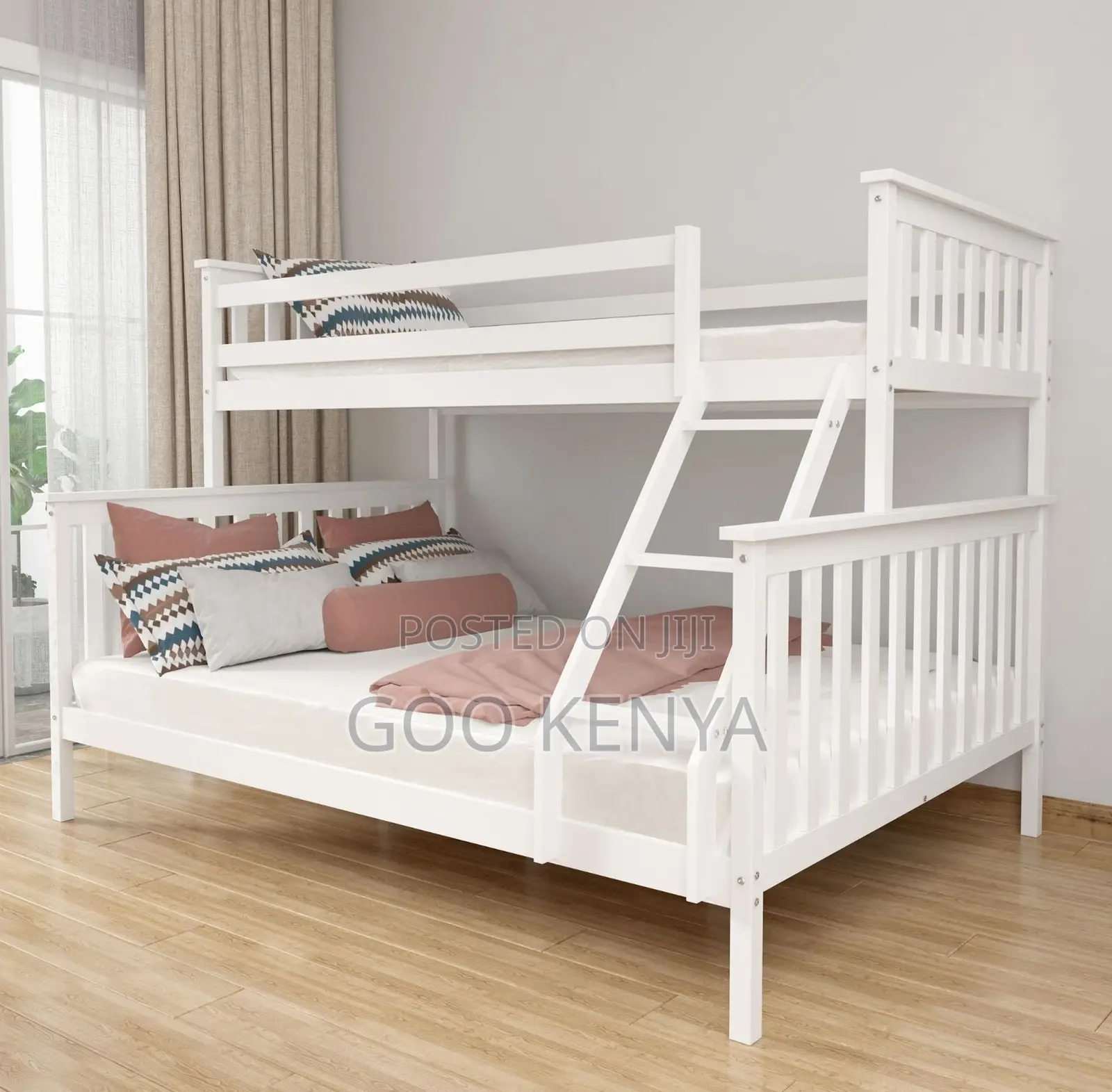 Home Bed; White Wooden Twin Bunk Bed With Double Sleeping Spaces