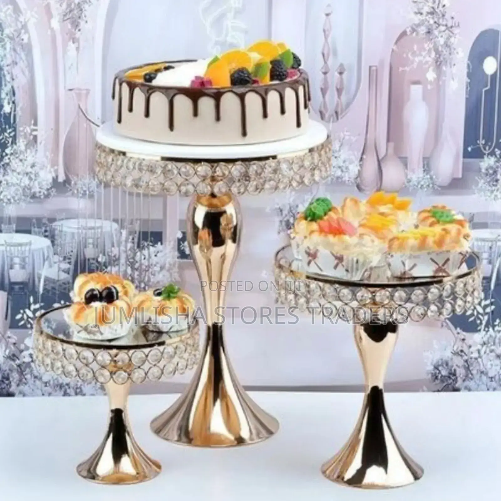 3 PCS Crystal Golden Cake Stand Set/Round Wedding Dessert Cake