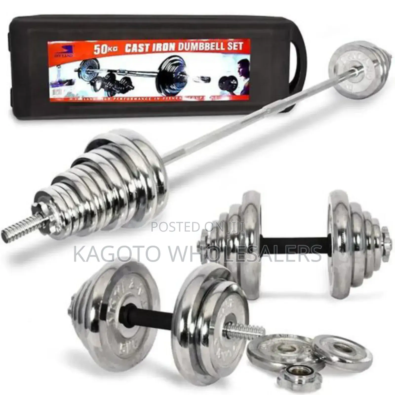 Silver 50kgs Dumbells Sets. + Barbel