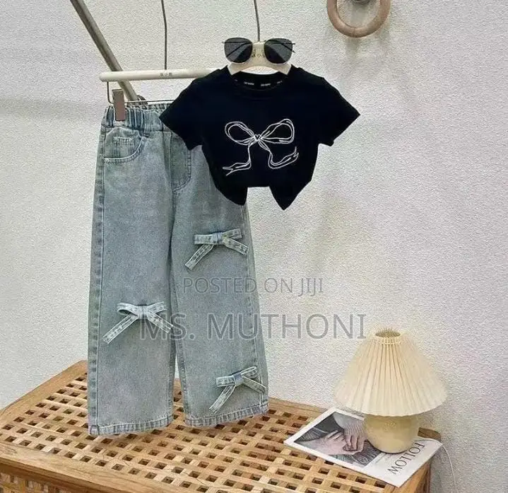 2 Pc Bow Appliques Girls Denim Sets