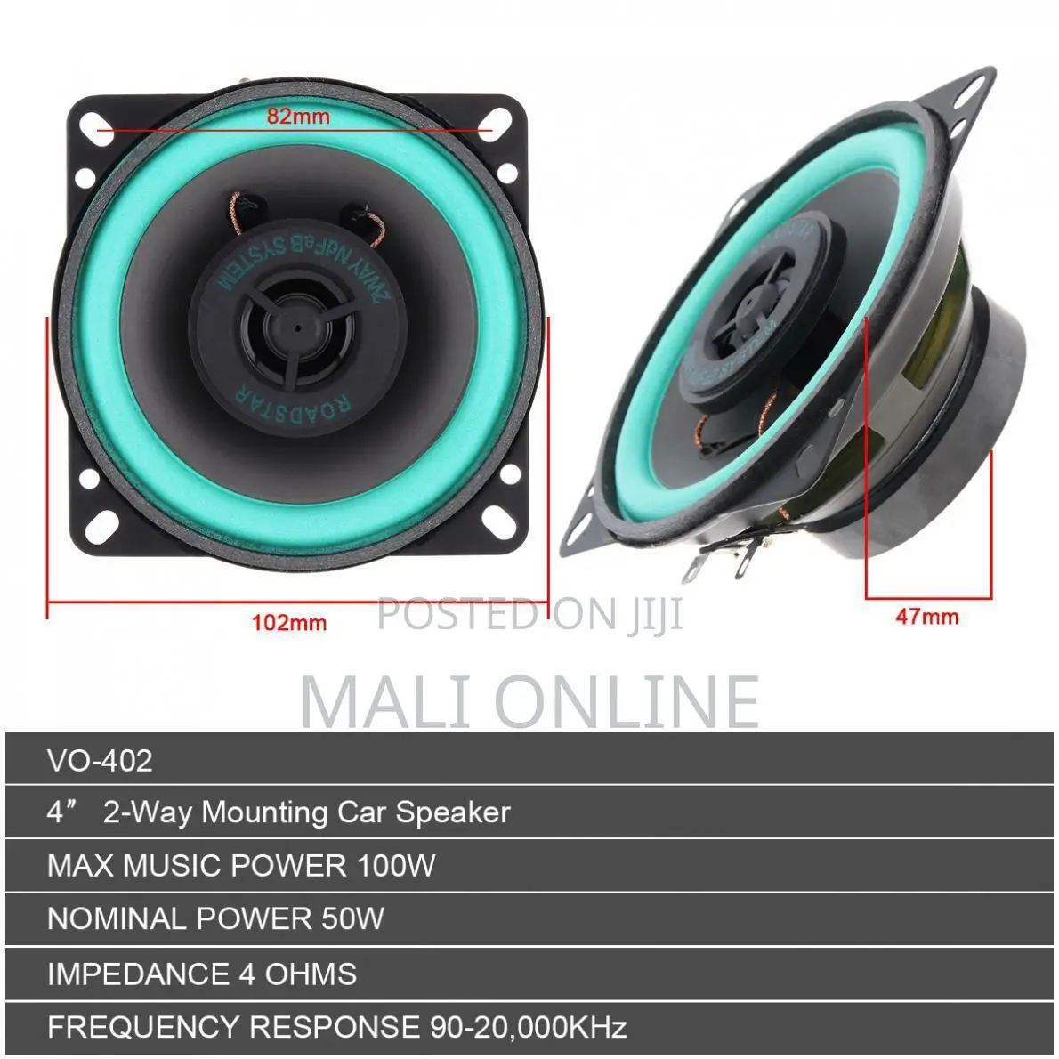 4 Inch 2 Way Car Audio Hifi Coaxial Speakers Roadstar Vo-402 100w