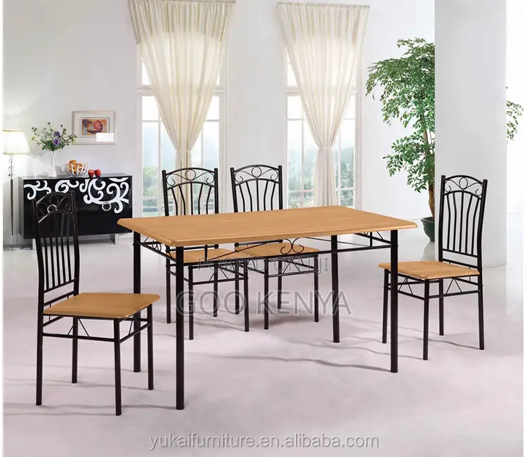 Home Dining Set; 4‐Seater Metal Frame Dining Table With Wooden Top