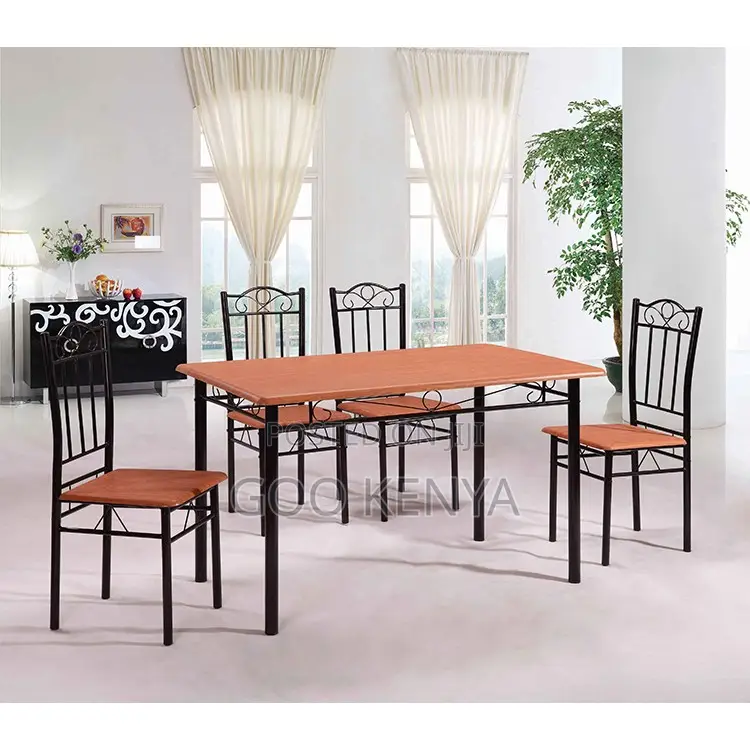 Home Dining Set; 4‐Seater Metal Frame Dining Table With Wooden Top