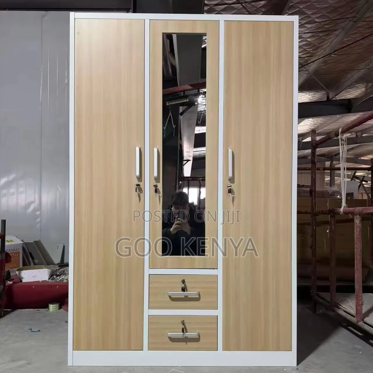 Home Wardrobe; Oak Three Door Wardrobe Closet With Shelves And Drawers