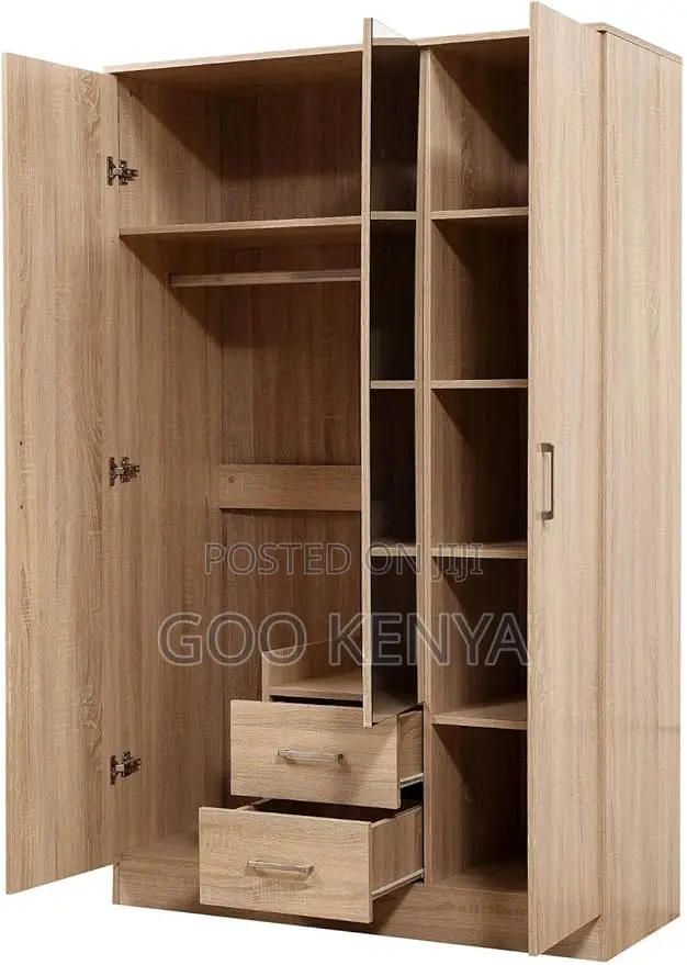 Home Wardrobe; Oak Three Door Wardrobe Closet With Shelves And Drawers