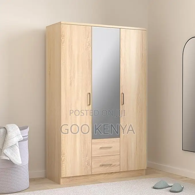 Home Wardrobe; Oak Three Door Wardrobe Closet With Shelves And Drawers