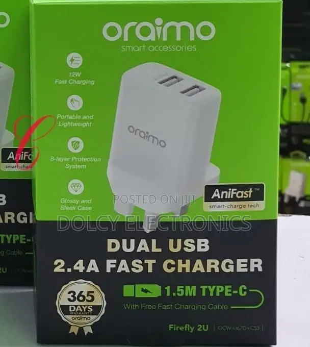 Oraimo Firefly 2u U67d+C53 Dual Usb 2.4a Type C Fast Charger