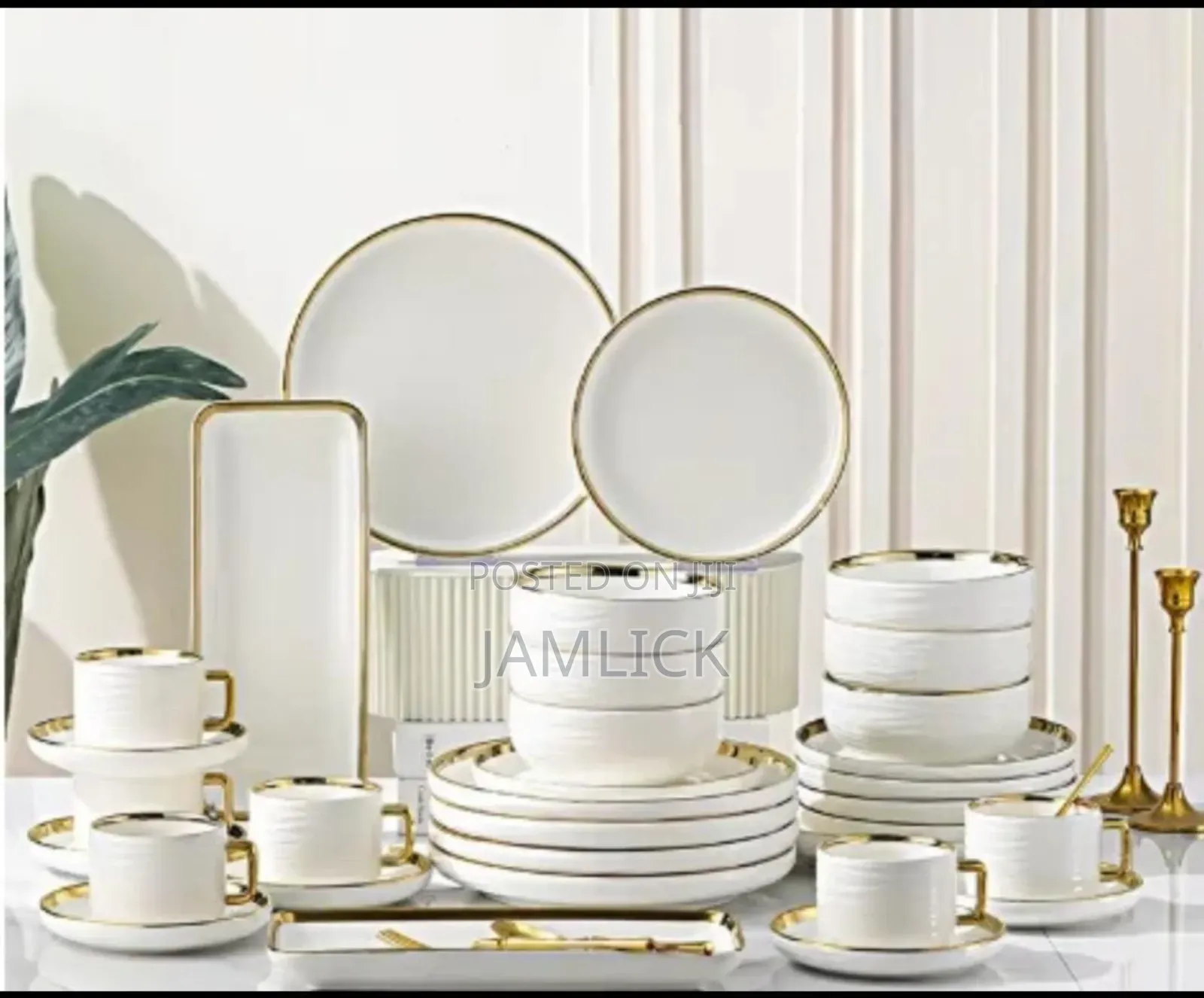 32 PCS Dinner Set – Gold Edge Stripped Design – Jm