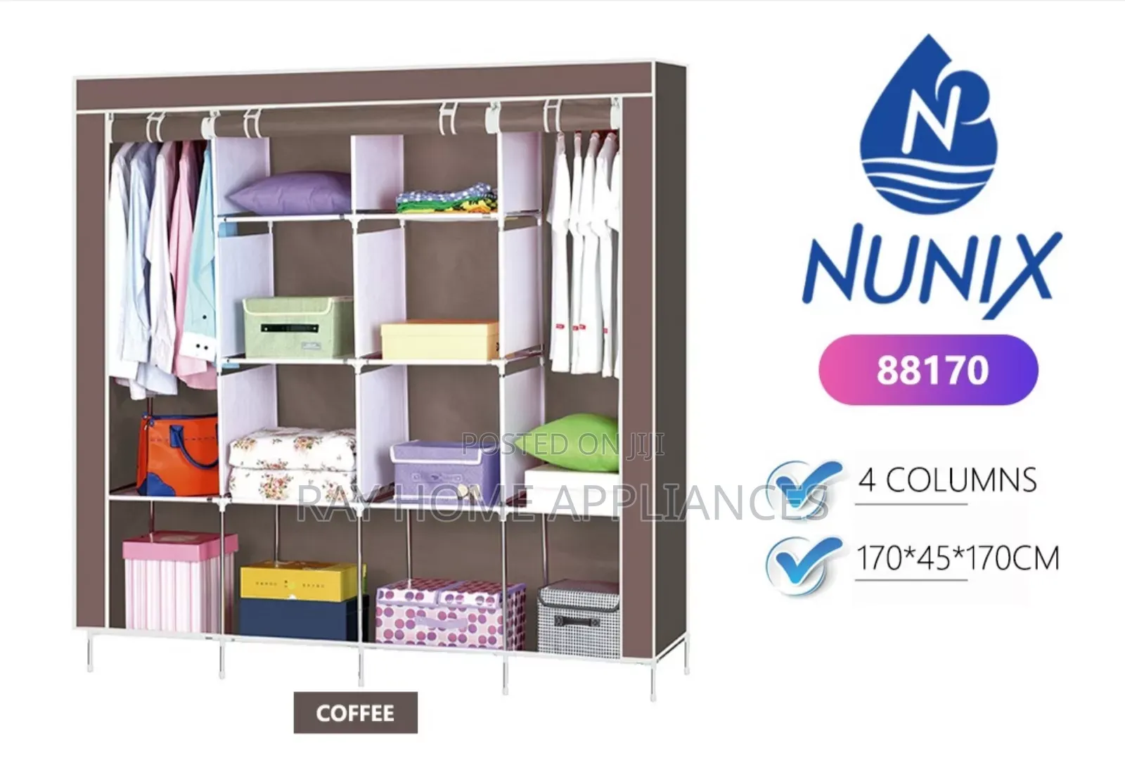 Portable Metallic Wardrobe 4 Columns Grey, Coffee, Maroon