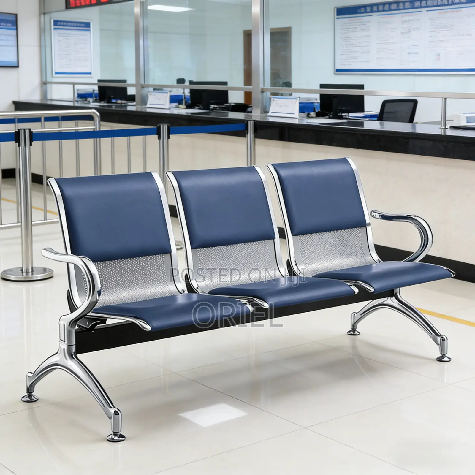 Modern Office Bench : Blue 3-Seater Public Waiting Bench