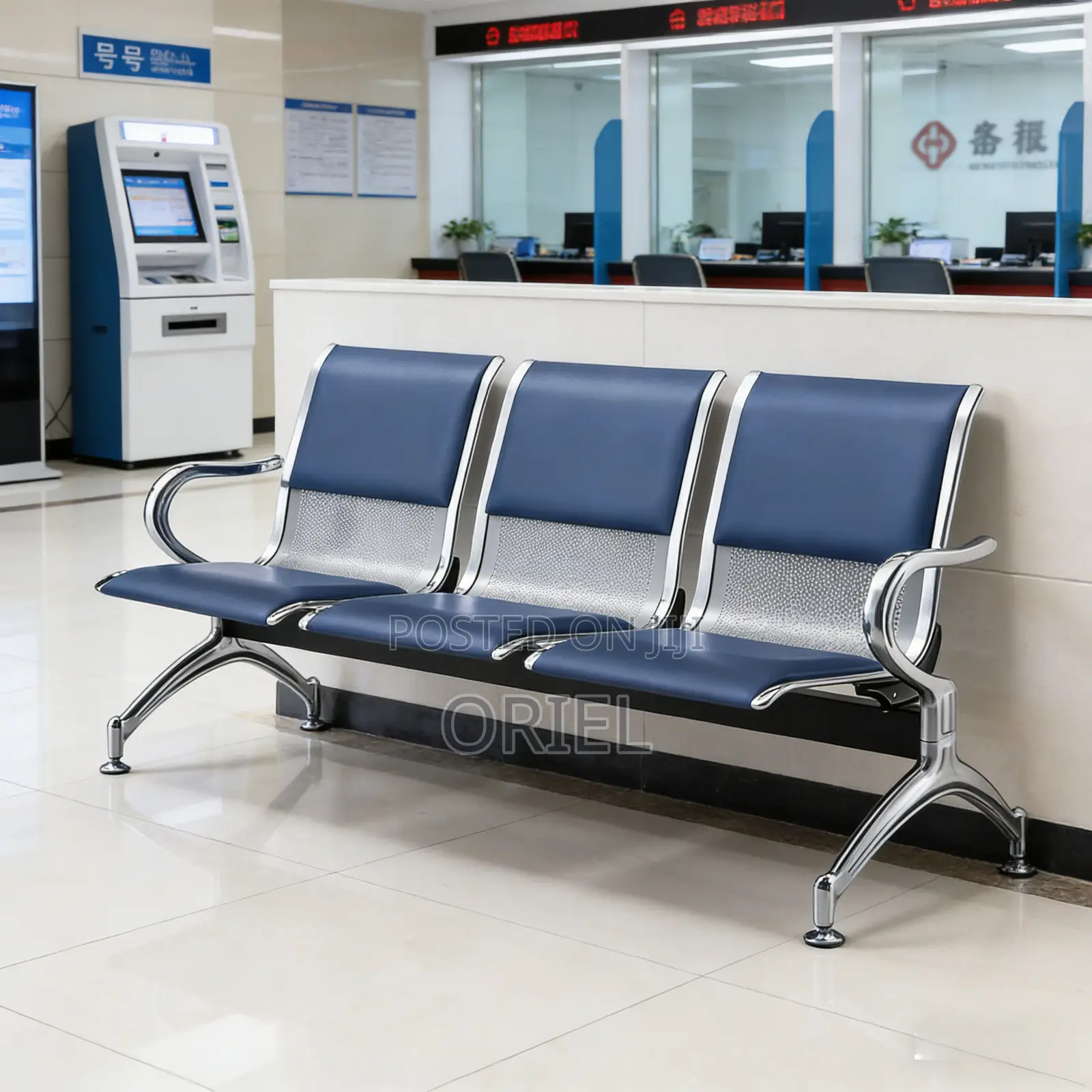 Modern Office Bench : Blue 3-Seater Public Waiting Bench