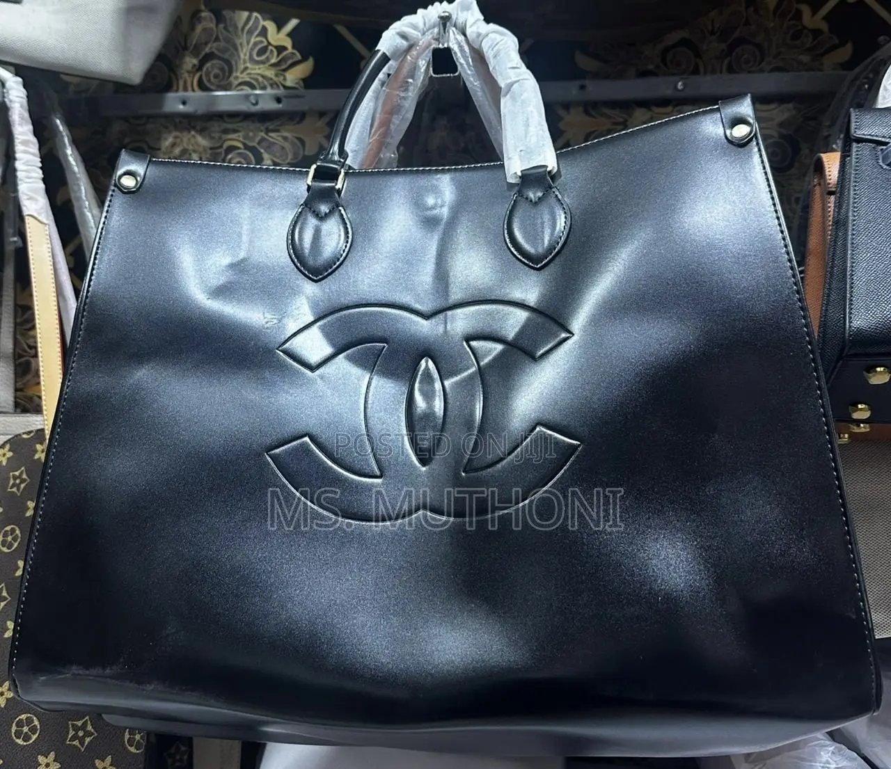 Big Size Black Leather Chanel Shopping Tote Bag