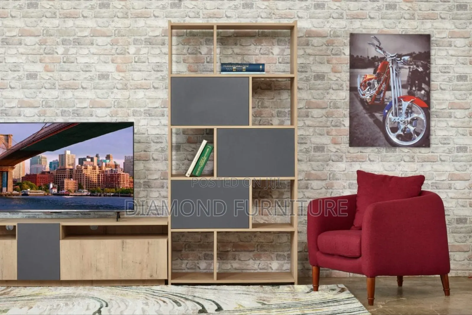 5 Tier Display Shelf–Modern Bookcase With 3 Push to Open Cabinets