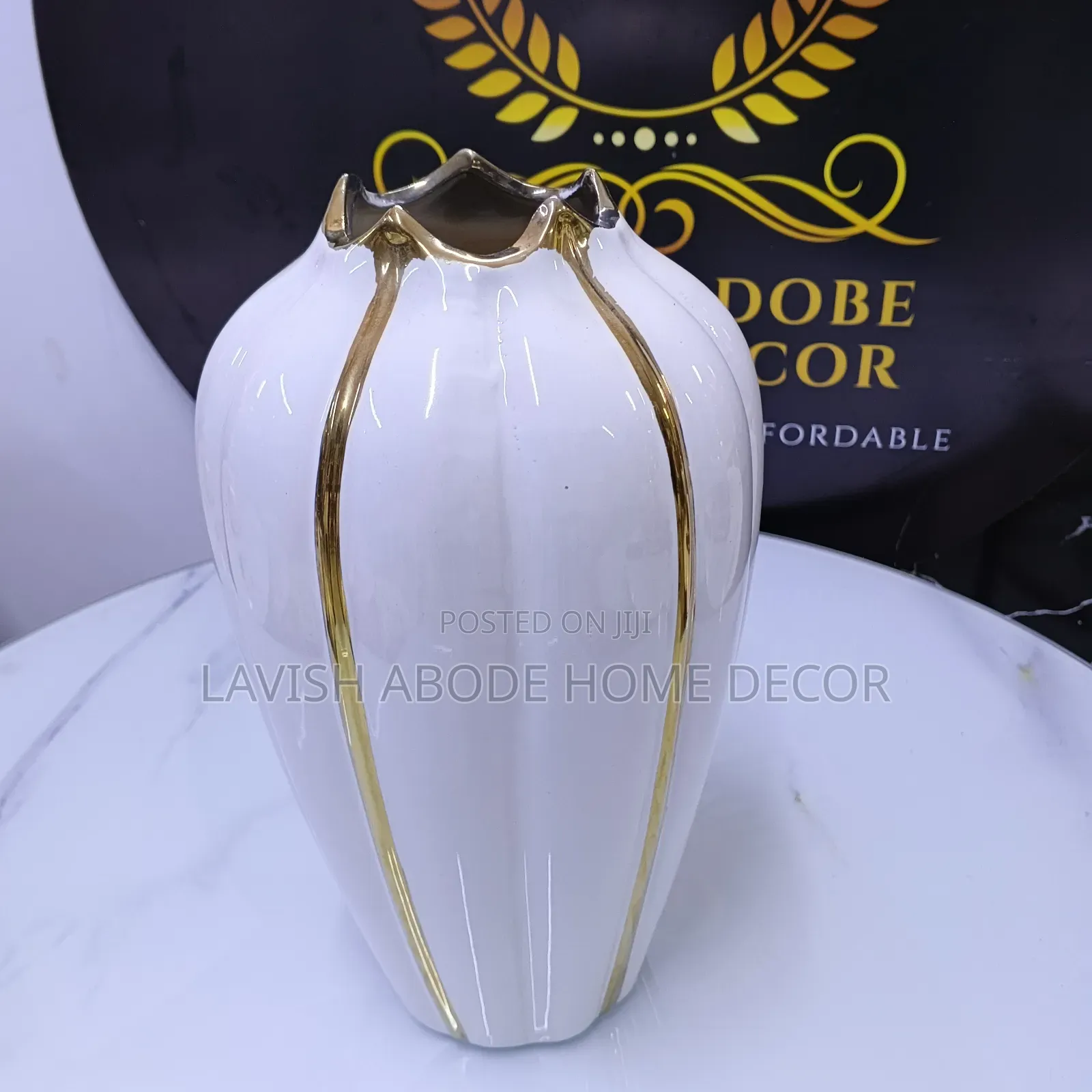 White Flower Vase With Gold Details Large Classy Elegant