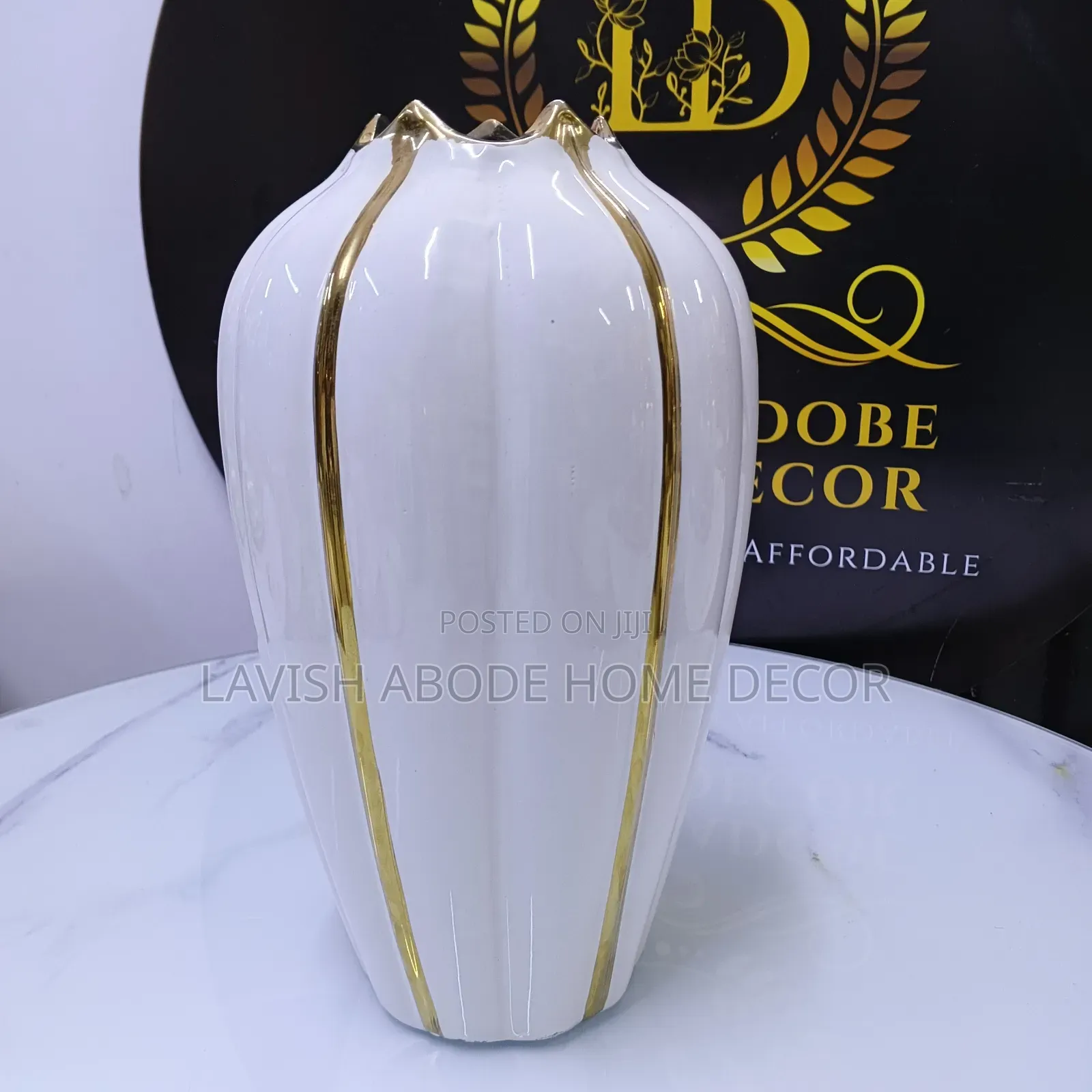 White Flower Vase With Gold Details Large Classy Elegant