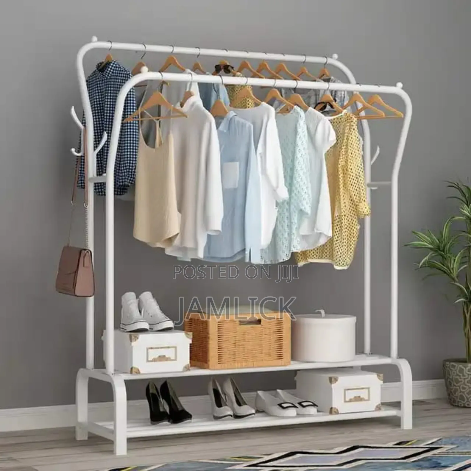 Curved Double Clothes Rack With 2 Bottom Shelves Side Hooks –Rb