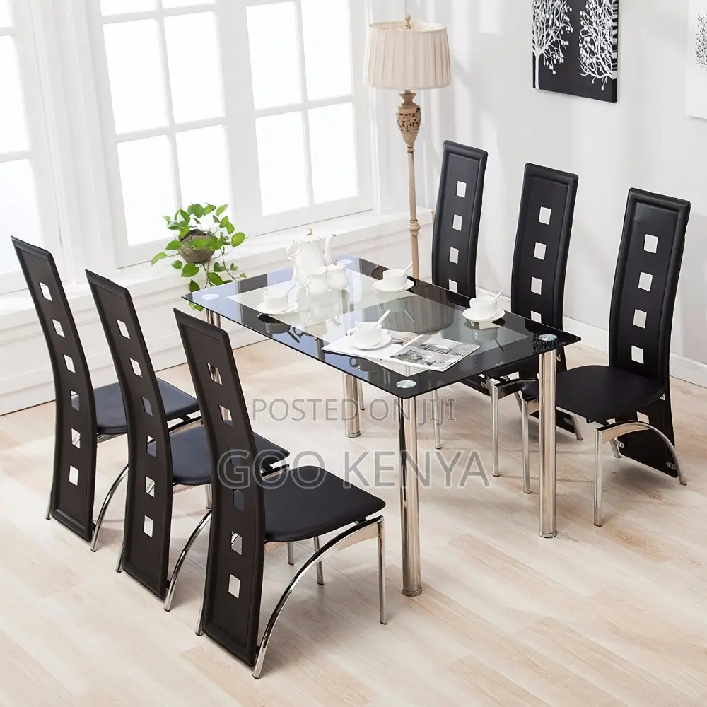 Home Dining Set; 6 Seater Clear Glass Dining Table Set With Chairs