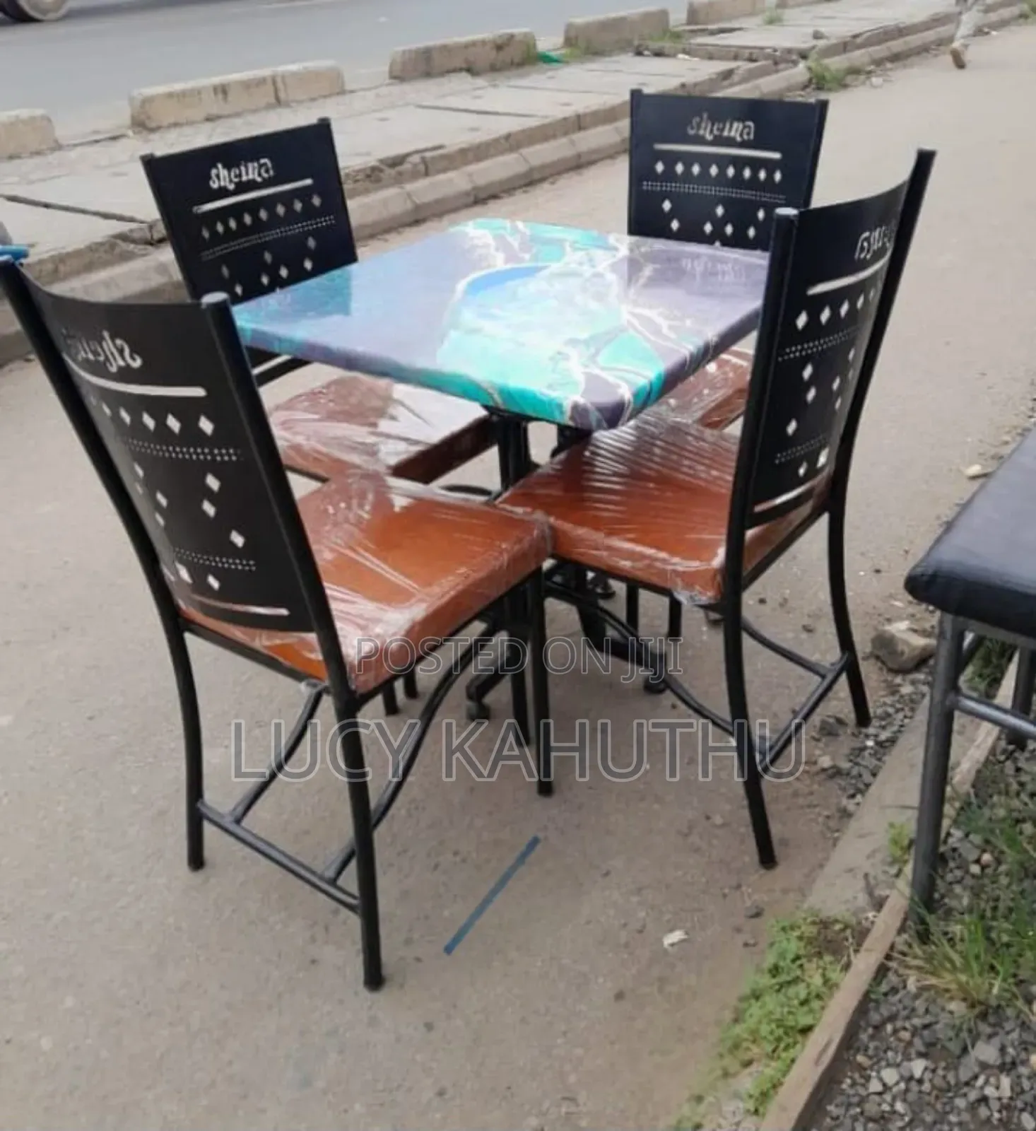 Marble Sheet Table With Powder Coated Brown Chairs