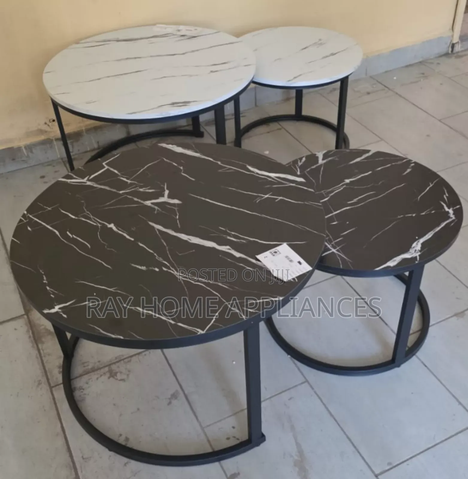 Black White Nesting Coffee Table Marble Effect (Mdf) With Black Stand