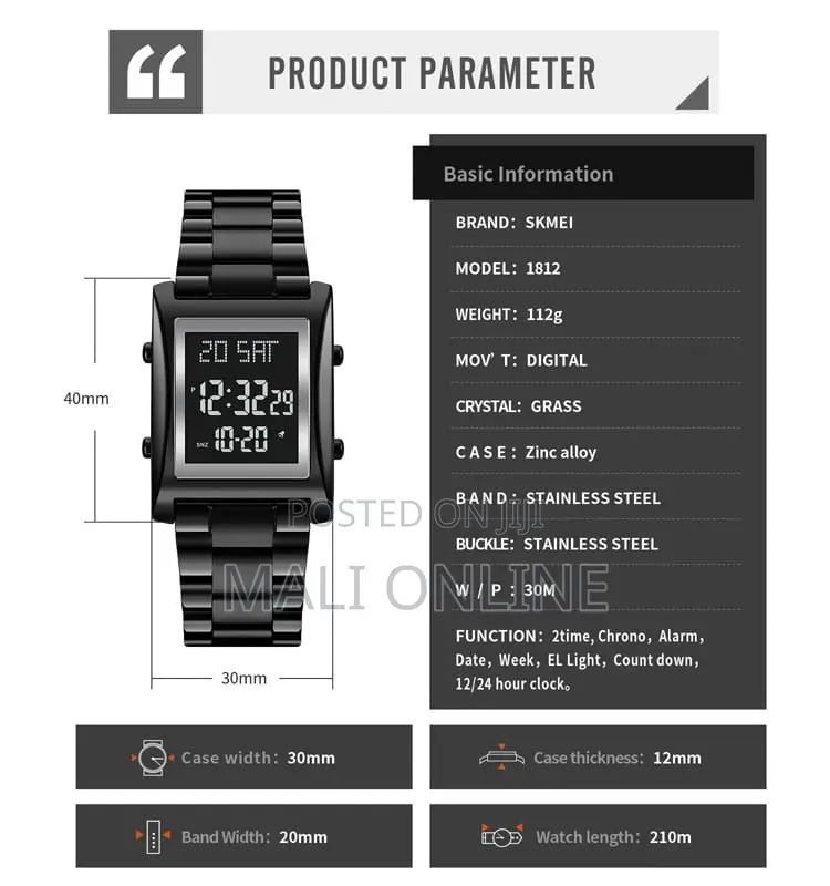 Skmei 1812 Digital Men’S Watch Stainless Steel Water Resistant 50m