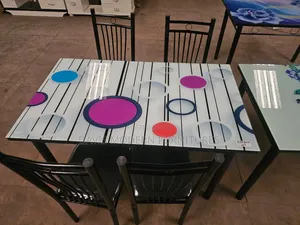 Dinning Table With Colourful Circle Design Tablecloth With Chairs