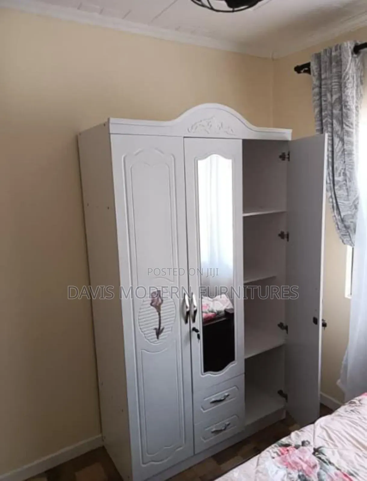 White Three-Door. Wardrobe With Mirror