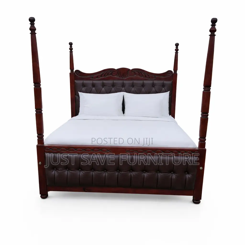 5×6 Elegant Wooden Four Poster Bed With Upholstered Headboard