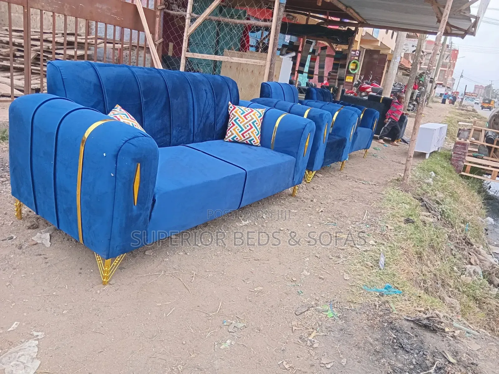 Blue Velvet 5 Seater Sofa Set (3+1+1)