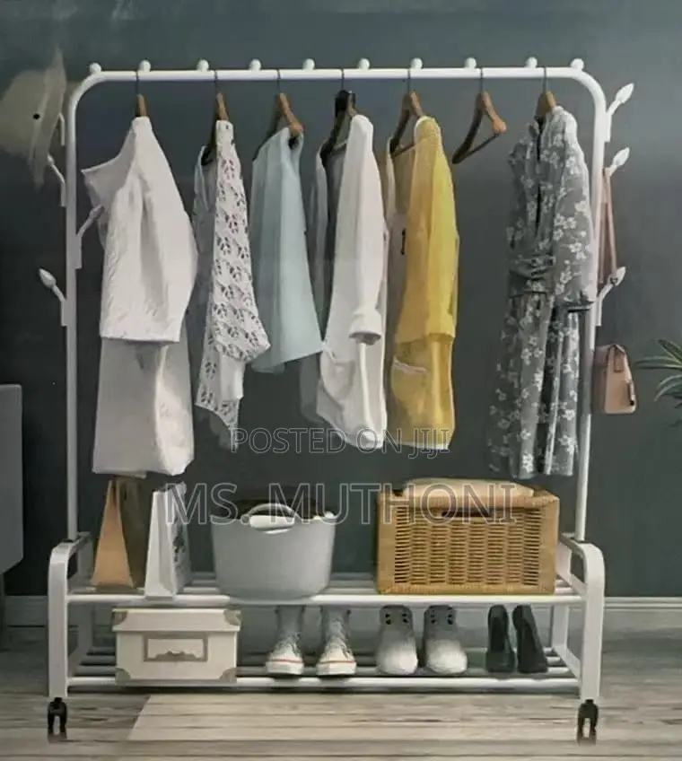 White Single Rail Modern Clothes Rack Stand With 2 Lower Shelves *