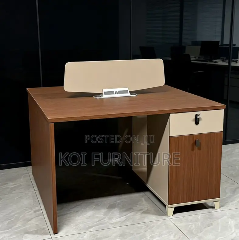 Office Desk : 2-Way Workstation Desk Featuring Walnut-Colored Desktop