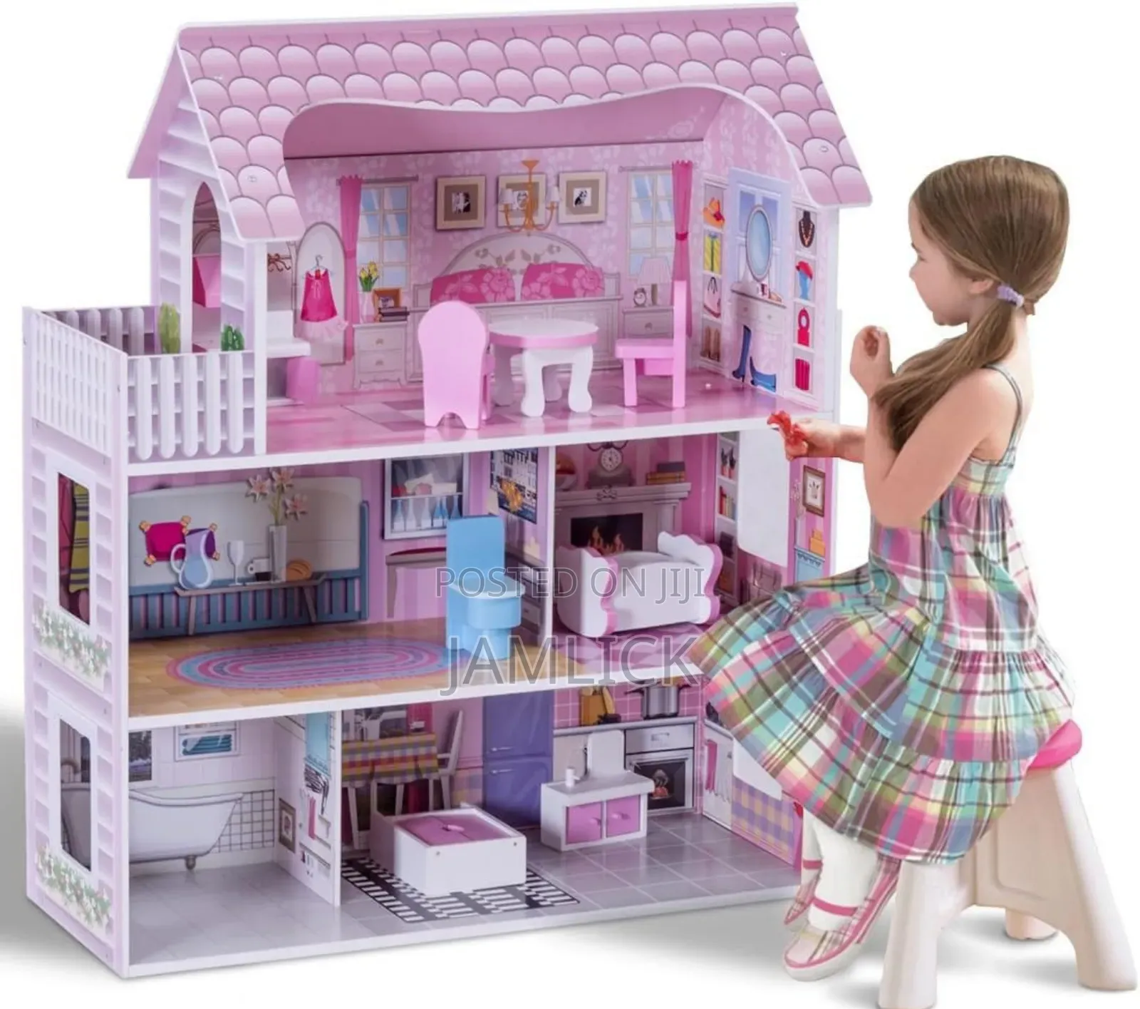 Pink Wooden Kids Doll House With Furniture Set - G