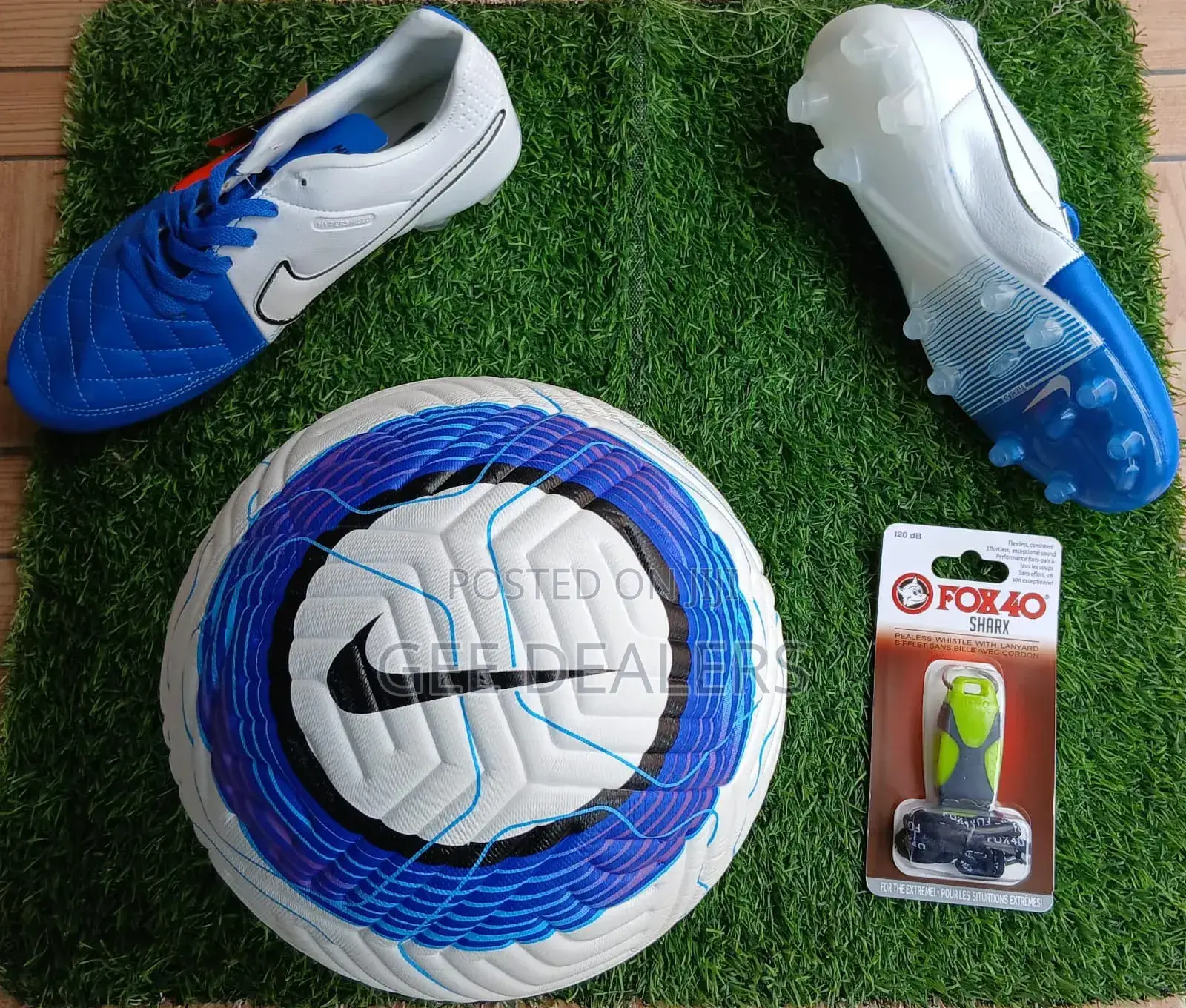 A Set Of Nike Tiempo  Soccer Cleats, Tubeless Speedball And Whistles