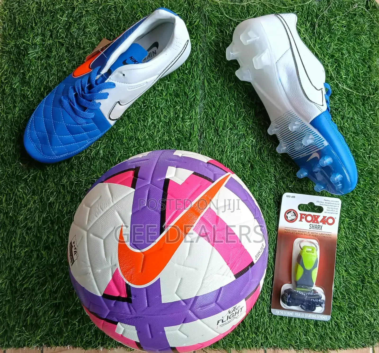 A Set Of Nike Tiempo  Soccer Cleats, Tubeless Speedball And Whistles
