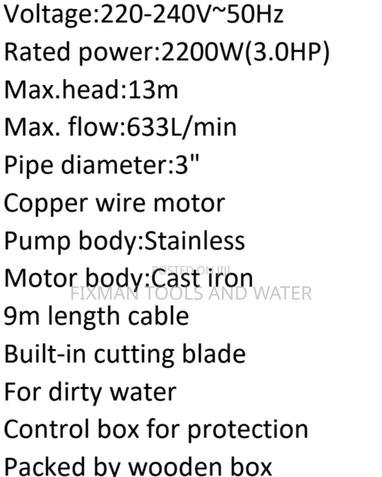 Total Sewage Pump 3hp 3" Drainage Water Pump 2200watts 633l/Min