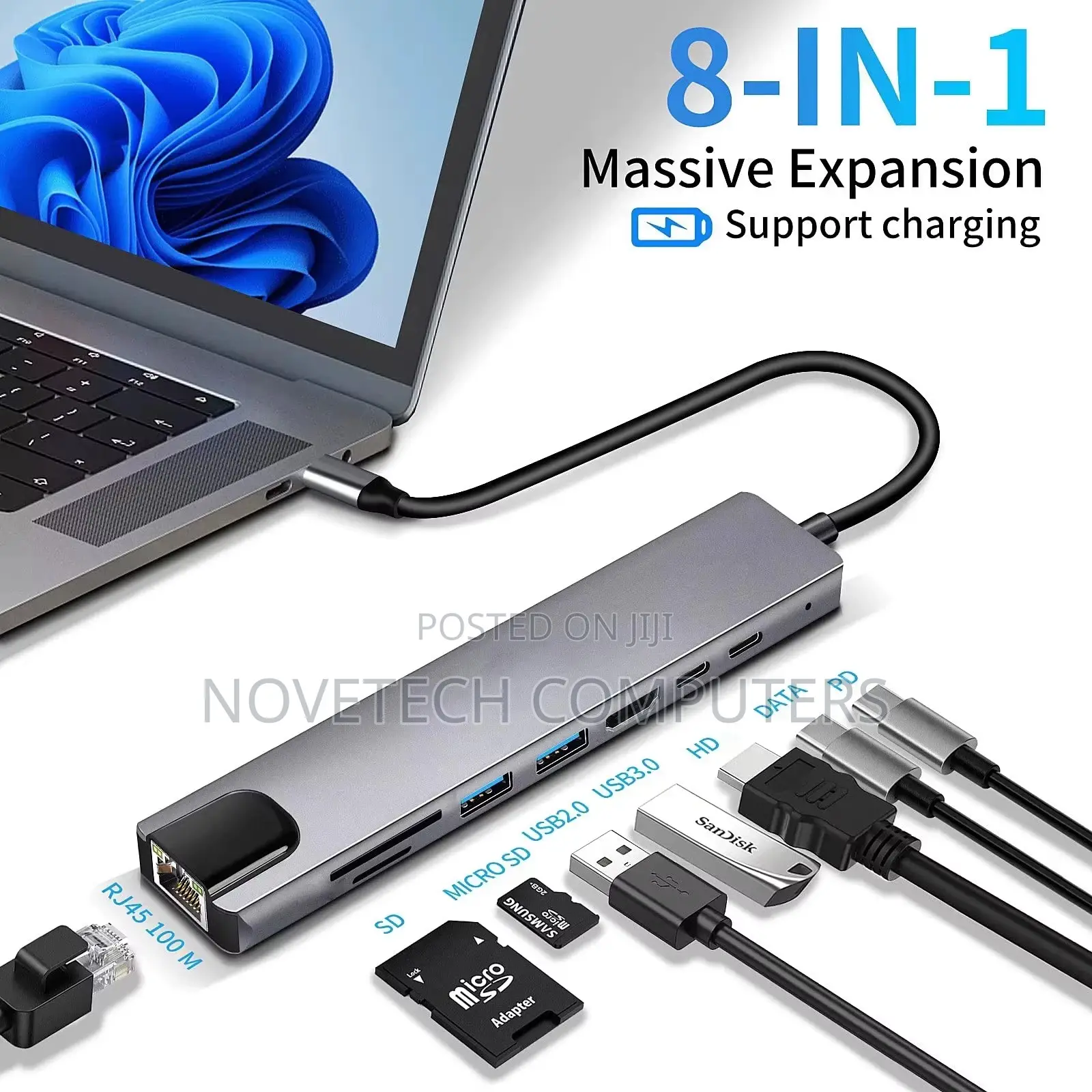 8 In 1 Usb C Hub Type C To 4k Hdtv Adapter With Rj45 Sdtf Card Reader