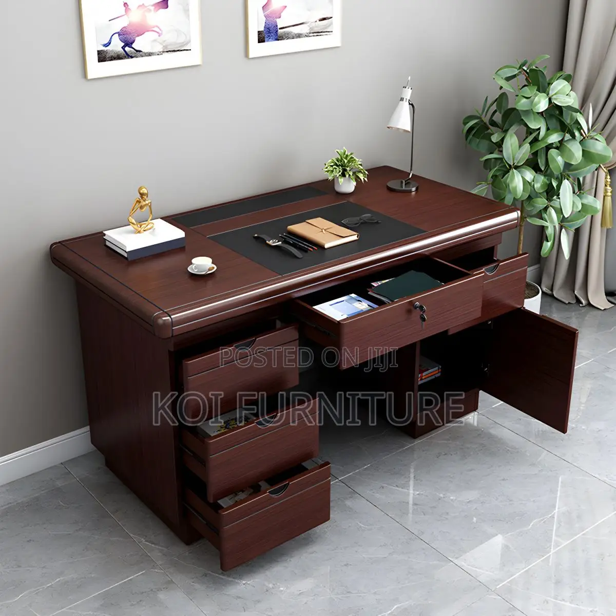 Office Desk : 1.4m Wooden Executive Desk With Dark Mahogany Finish