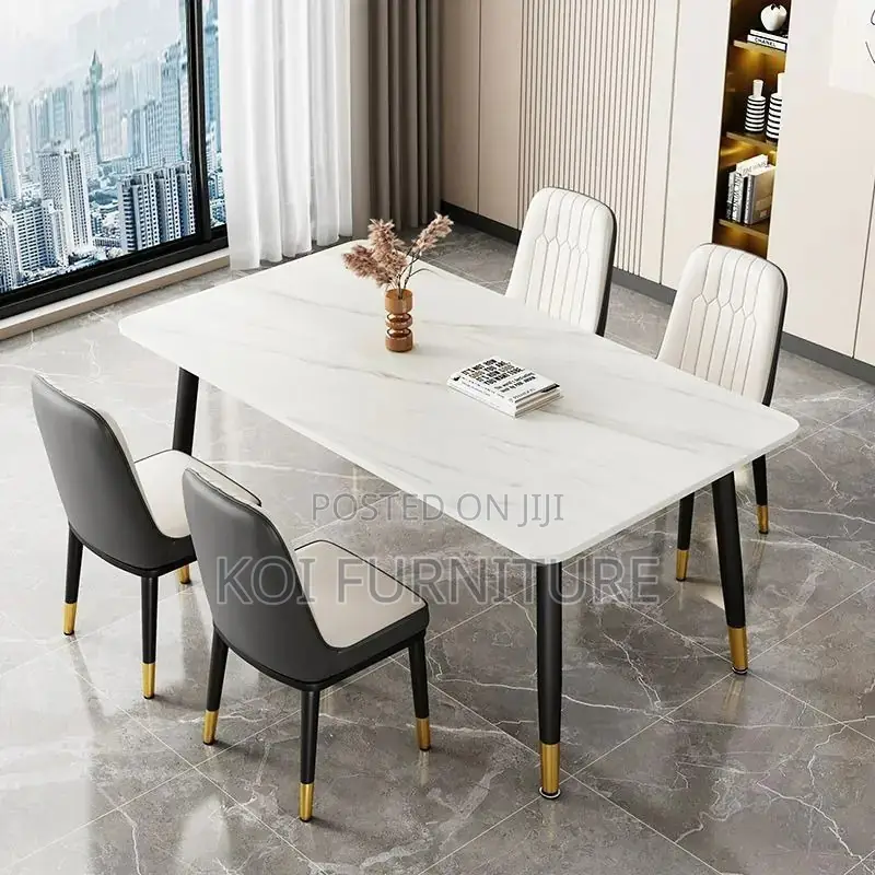 Dining Set; Four Seaters Marble Surface Dining Table -Leather Seats