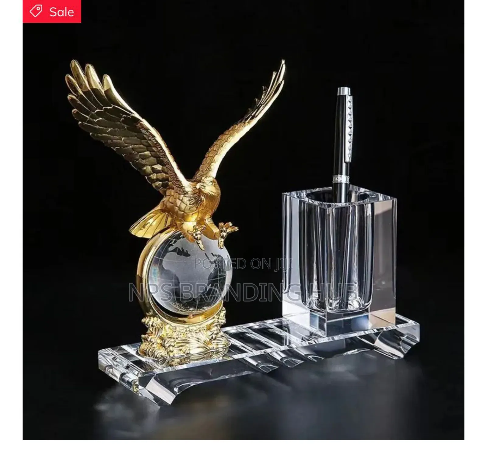 Office Stationary Crystal Glass Pen Holder With Golden Eagles Hp