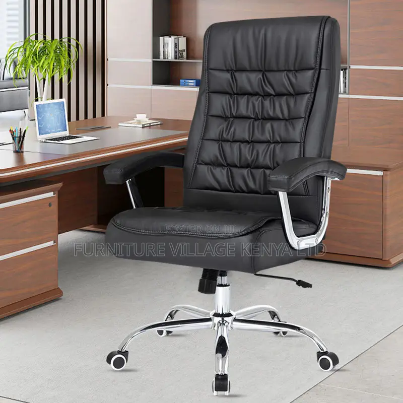 Office Chair ; Black Leather Adjustable Office Chair Fixed Arms