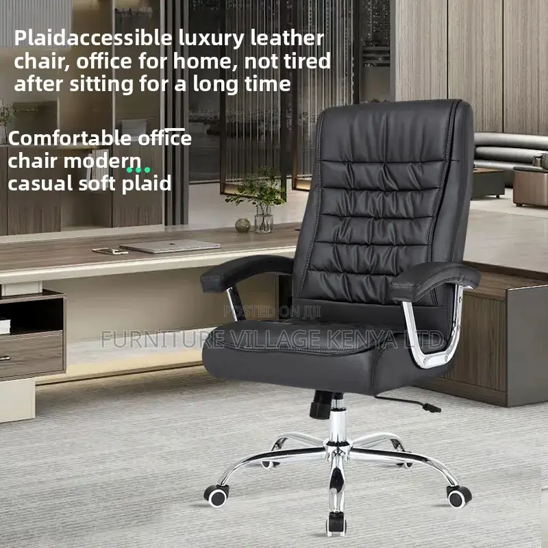 Office Chair ; Black Leather Adjustable Office Chair Fixed Arms